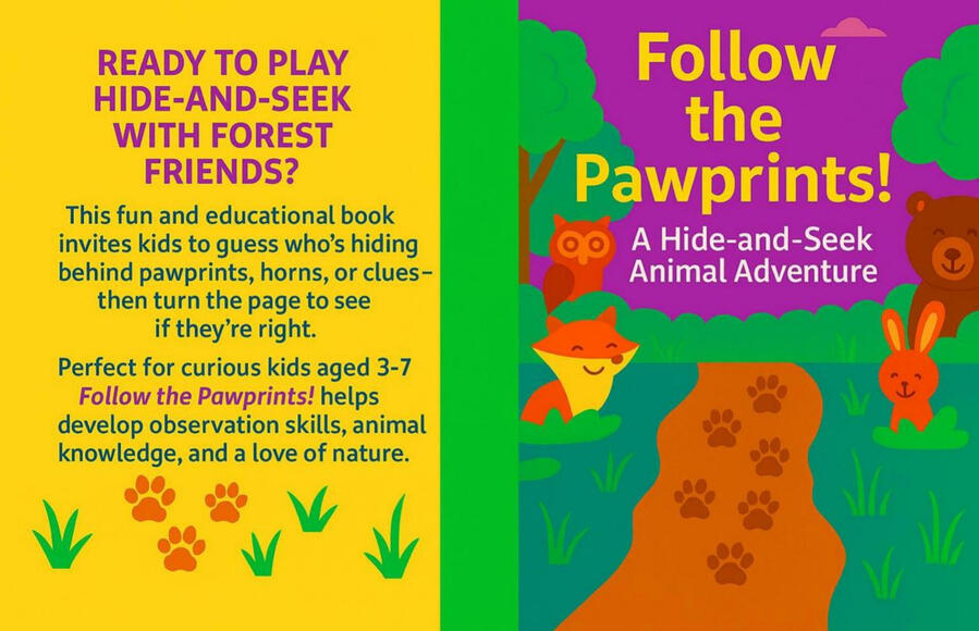 For Kids 🐾 Follow the Pawprints **Who left these tracks? Let's find out!** This fun and interactive book invites kids to follow footprints through forest, field, and snow – and guess which animal made them! Perfect for curious little minds aged 3–7, this book