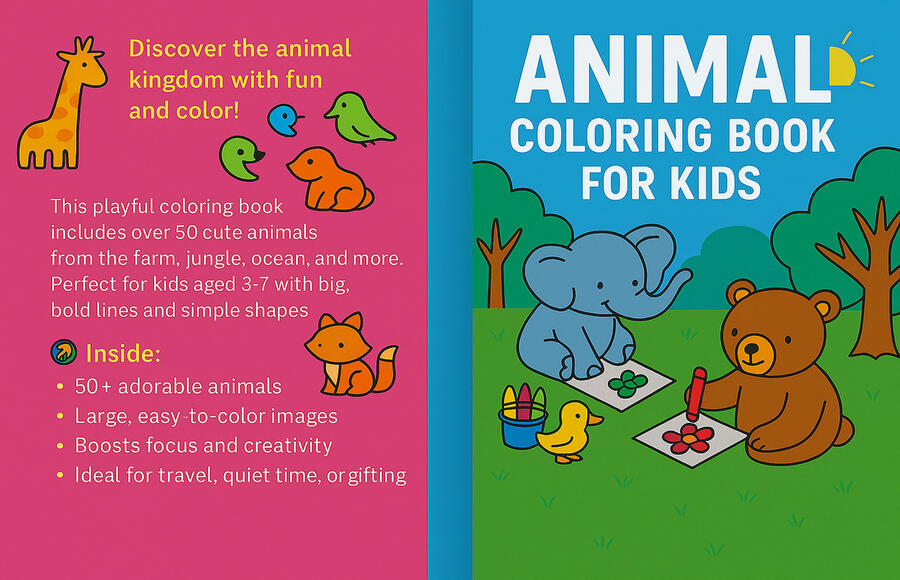 Animal Coloring Book for Kids ### 🐶 Animal Coloring Book for Kids **Fun and Easy Coloring for Little Artists** Let kids bring animals to life with color! This delightful coloring book is filled with cute animal illustrations that are easy to color and fun to explore. 🖍 40+ playfu